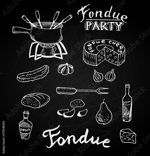 Swiss traditional fondue ingredients set of cheese, wine bottle, pot, cucumber, pear, bread. Hand drawn sketch in chalk board style