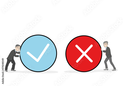 little people holding true and false sign. Positive and negative feedback concept. Yes or No icons flat design style. Cartoon Vector Illustration.
