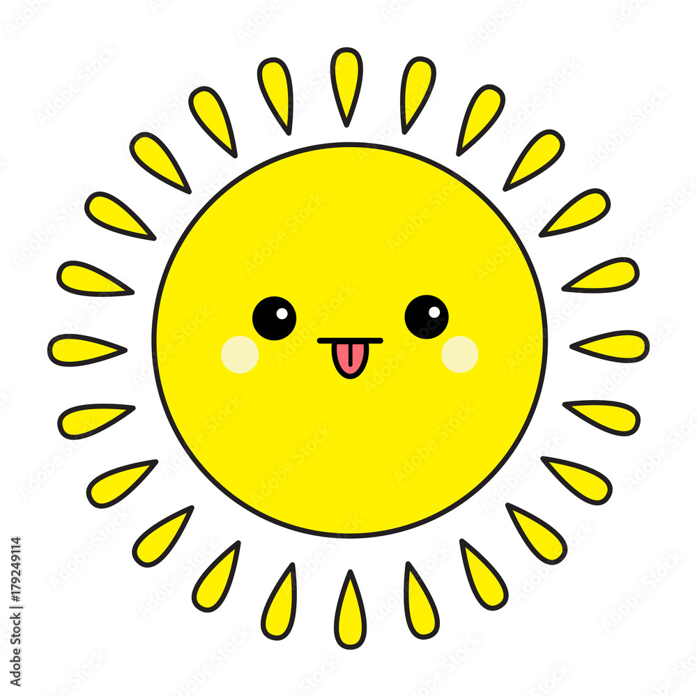 Sun shining contour icon set. Kawaii face showing tongue. Funny emotion. Cute cartoon funny character. Hello summer. White background. Isolated. Baby collection. Flat design