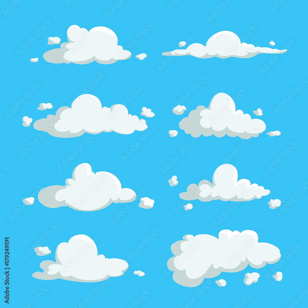Cartoon cute cloud trendy design icons set. Vector illustration of weather or sky background.
