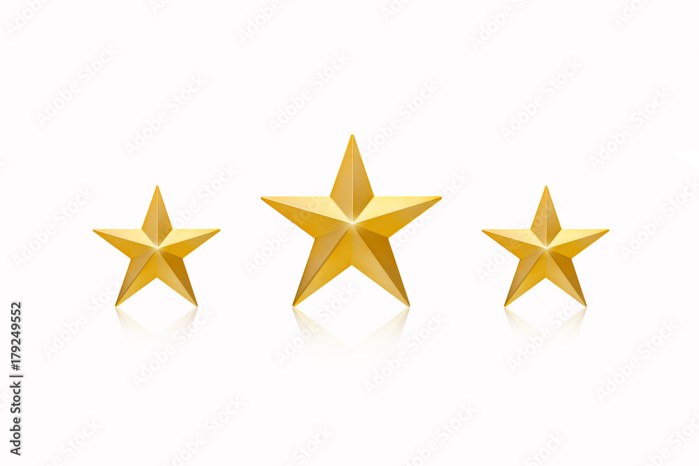 Three Golden Christmas Star isolated on white Background. Top View Close-Up Three Golden Christmas Star isolated on white Background. Top View Close-Up