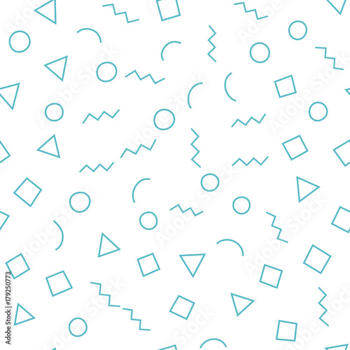 Seamless memphis pattern with white background with different shapes. Vector repeating texture.