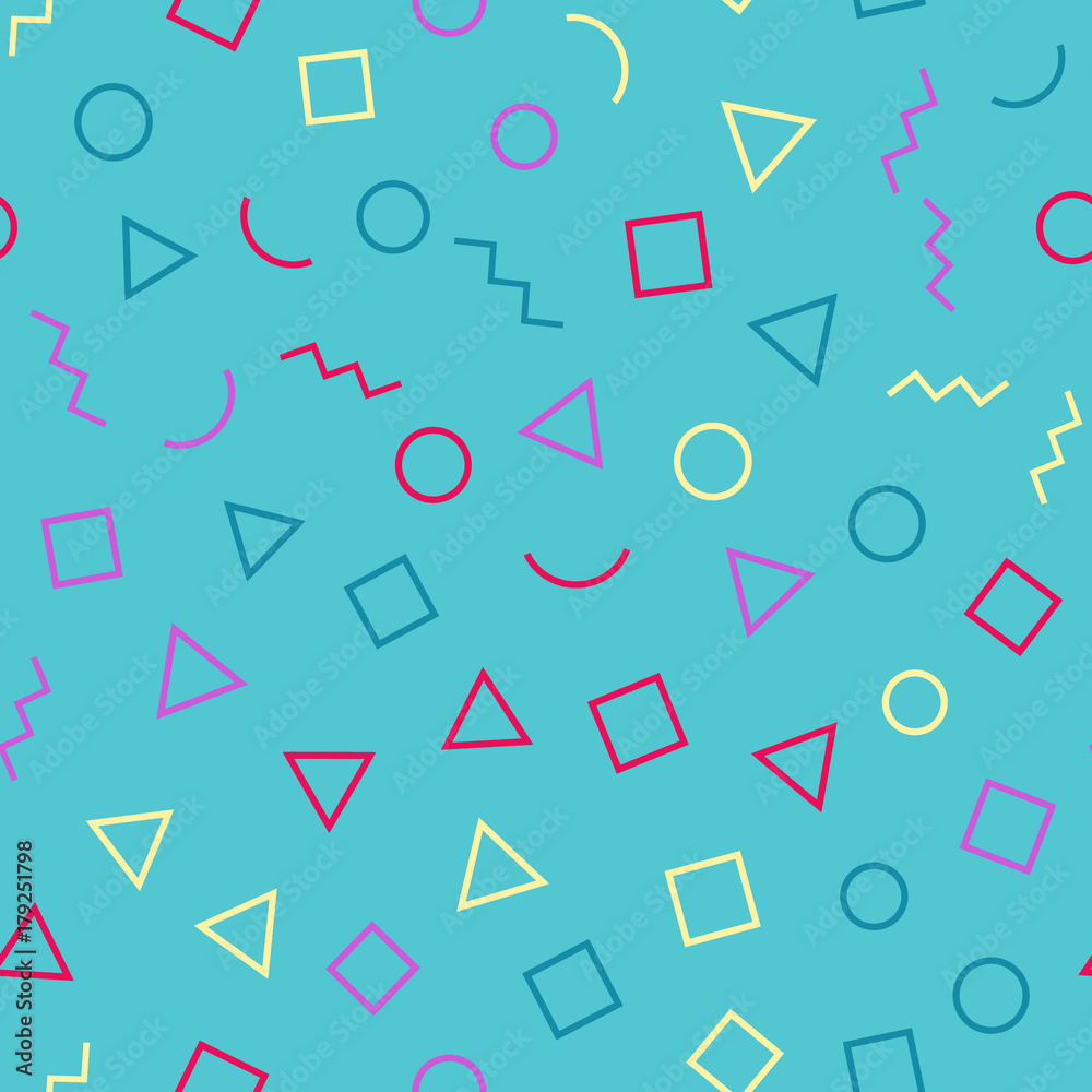Memphis seamless geometric pattern with blue background with different shapes. Trendy memphis style. Vector repeating texture. Memphis seamless geometric pattern with blue background with different shapes. Trendy memphis style. Vector repeating texture.