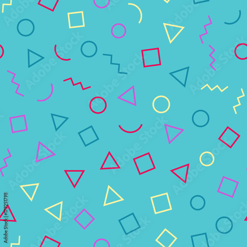 Memphis seamless geometric pattern with blue background with different shapes. Trendy memphis style. Vector repeating texture.