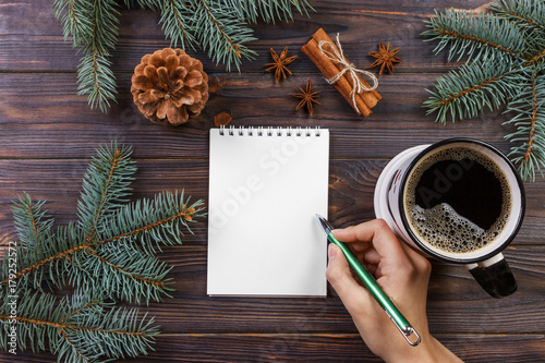 Woman write wishes or to do list in notebook, coffee mug, Christmas. christmas tree branches, pine cones, red berries, on marble table, copy space top view photo