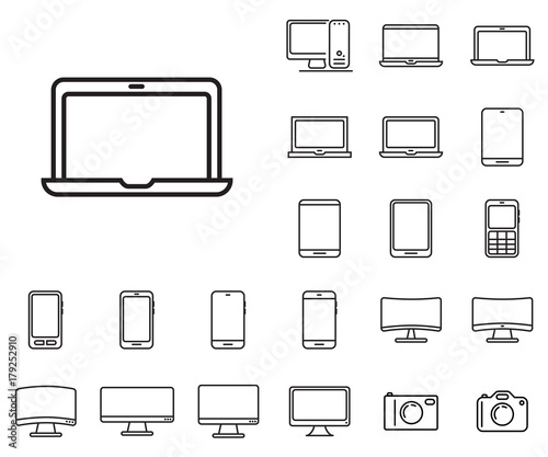 Laptop icon in set on the white background. 
Set of thin, linear and modern electronic equipment icons.
Universal linear icons to use in web and mobile app.