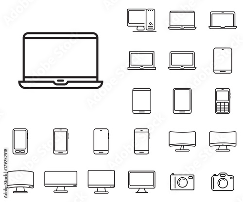 
Modern laptop icon in set on the white background. 
Set of thin, linear and modern electronic equipment icons.
Universal linear icons to use in web and mobile app.