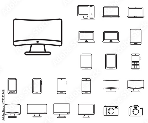 Curved monitor icon in set on the white background. 
Set of thin, linear and modern electronic equipment icons.
Universal linear icons to use in web and mobile app.