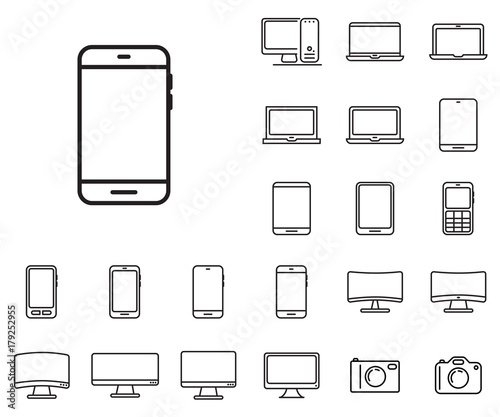 Smartphone icon in set on the white background. 
Set of thin, linear and modern electronic equipment icons.
Universal linear icons to use in web and mobile app.