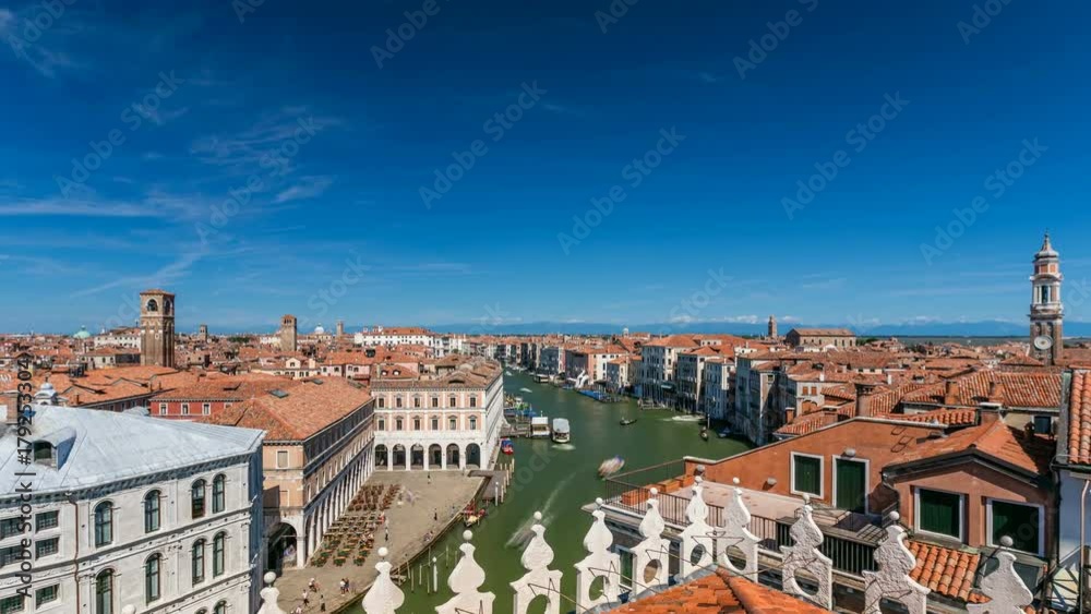 Top view on central busy canal in Venice timelapse, on both sides masterpieces of Venetian architecture Top view on central busy canal in Venice timelapse, on both sides masterpieces of Venetian architecture