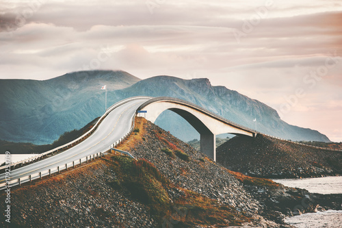 Fototapeta Naklejka Na Ścianę i Meble -  Atlantic road in Norway Storseisundet bridge over ocean scandinavian travel landmarks