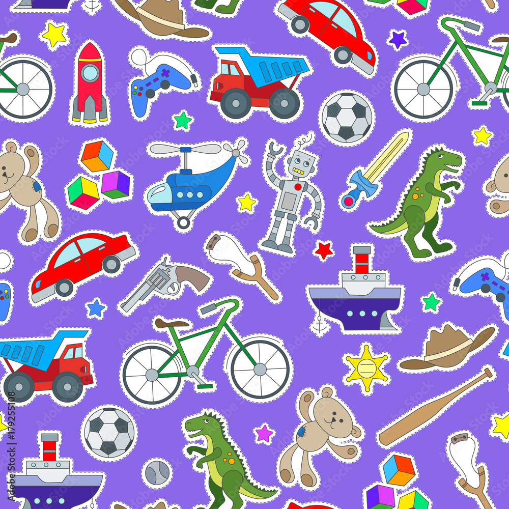 Seamless pattern on the theme of childhood and toys, toys for boys, patch icons on purple background
