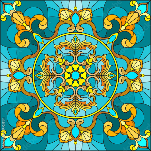 Illustration in stained glass style, square mirror image with floral ornaments and swirls n a turquoise background