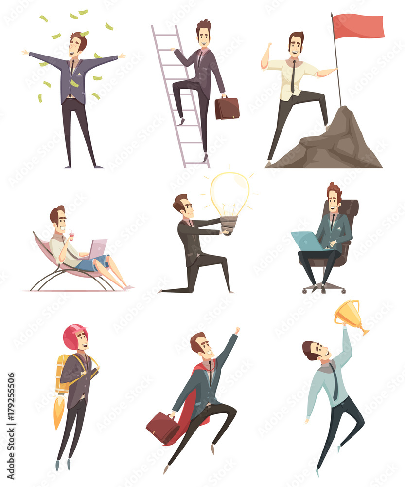 Successful Businessman Cartoon Icons Collection 