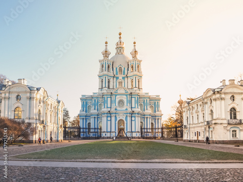 Autumn landscape with the Smolny Cathedral in St. Petersburg. Russia. November 2017.