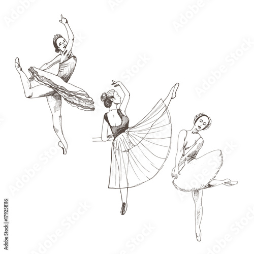 Ballerina dancing isolated on white background. Graceful women wearing ballet tutu.