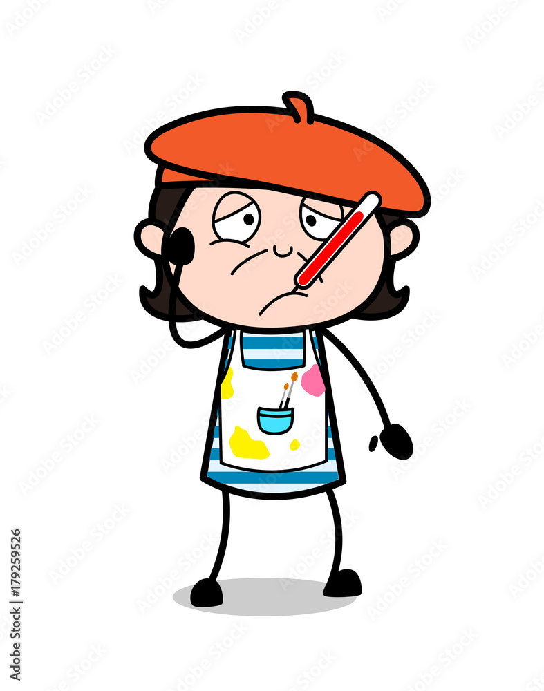 Ill Face with Fever Thermometer - Cartoon Artist Vector Illustration