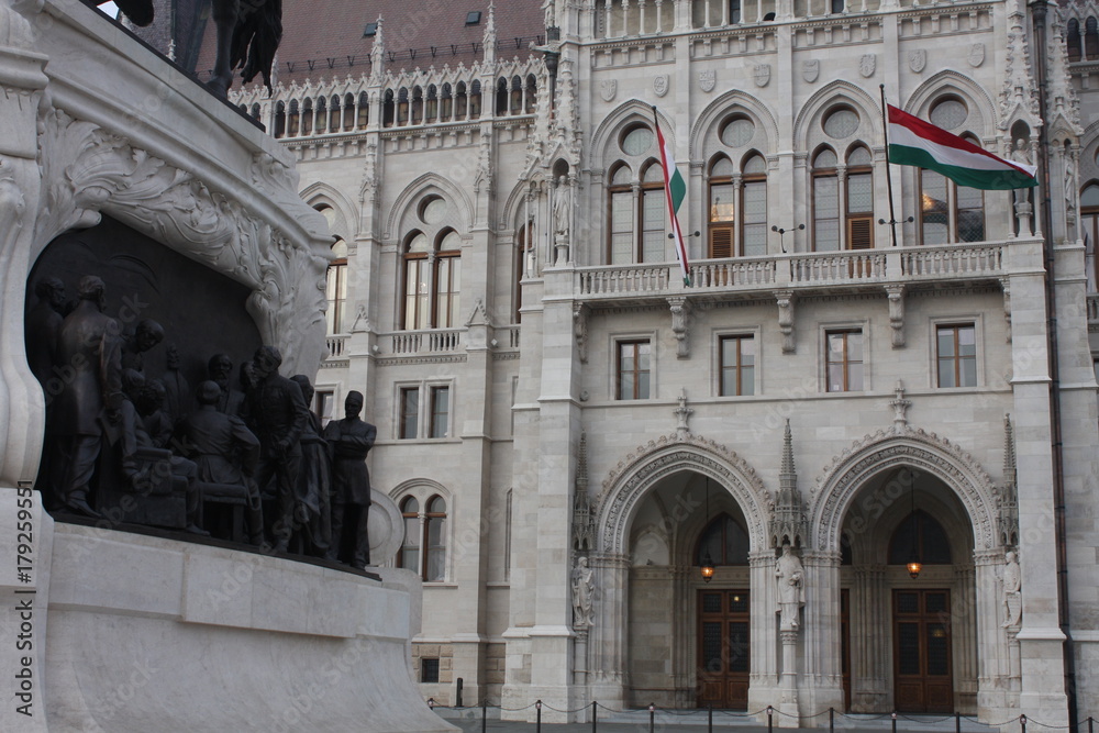 The Parliament building in Budapest with statue of Count Gyula Andrassy, Hungary
