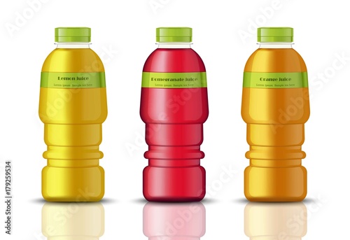 Juice bottles package mock up. Realistic Vector Fresh natural drinks set. Rea...