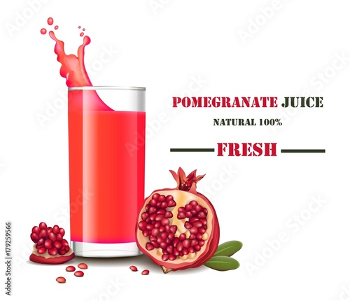 A glass of fresh pomegranate juice with splash Vector realistic illustrations mock up