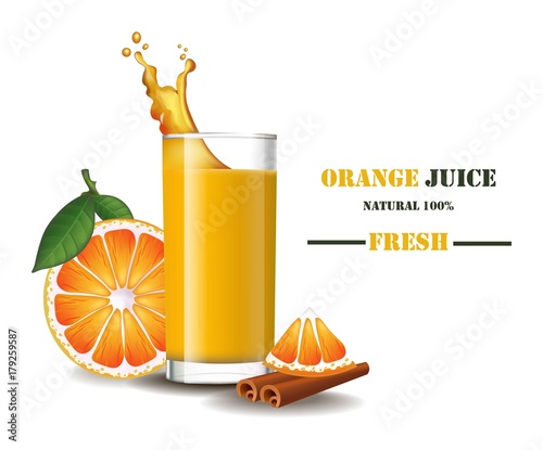 A glass of fresh orange juice with splash Vector realistic illustrations mock up