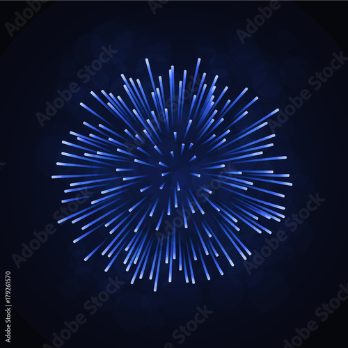Beautiful blue firework. Bright firework isolated on black background. Light blue decoration firework for Christmas, New Year celebration, holiday, festival, birthday card Vector illustration