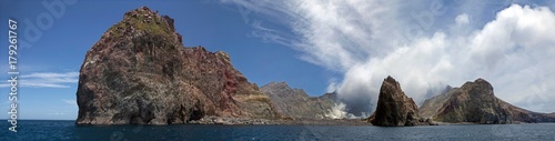 White Island volcano New Zealand. Whakaari. Panorama. Active volcano smoke comming from the crater. Ocean. Coastal. photo