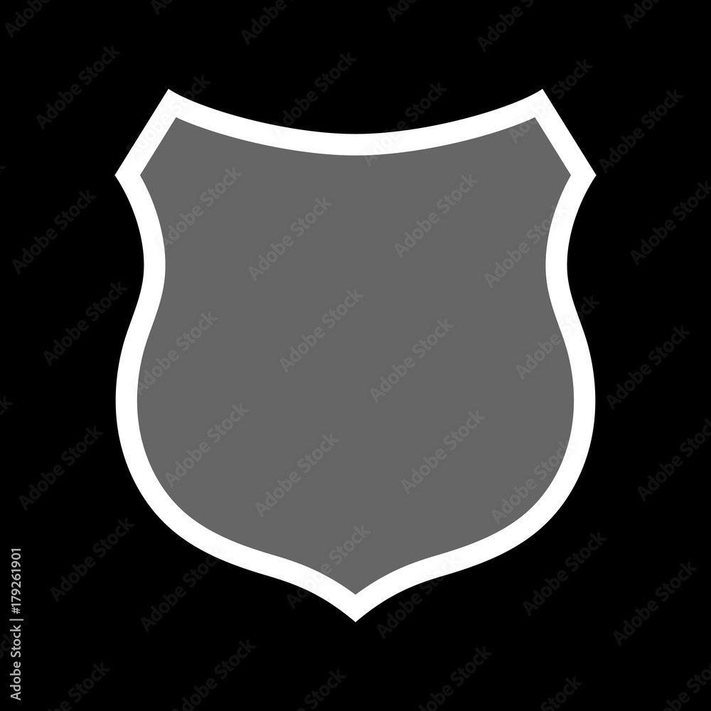 Shield shape icon. Gray label sign, isolated on black background. Symbol of protection, arms, security, safety. Flat retro style design. Element vintage heraldic emblem. Vector illustration