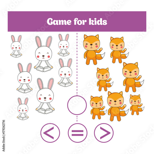 Fototapeta Naklejka Na Ścianę i Meble -  Education logic game for preschool kids. Choose the correct answer. More, less or equal Vector illustration