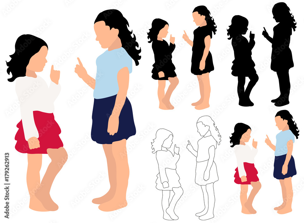 Fototapeta premium silhouette of little girls playing, friendship, vector, isolated