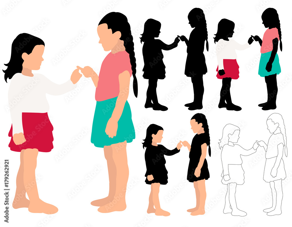 silhouette of little girls playing, friendship, vector