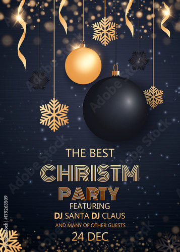 Merry Christmas and Happy New Year 2018. Invitation to a party. Gold and black colors. Place for text Christmas decorations  star balls. Leaflet brochure. Vector illustration