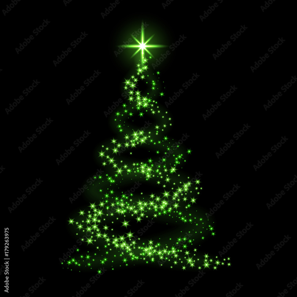 Christmas tree card background. Green Christmas tree as symbol of Happy New Year, Merry Christmas holiday celebration. Sparkle light decoration. Bright shiny design Vector illustration Christmas tree card background. Green Christmas tree as symbol of Happy New Year, Merry Christmas holiday celebration. Sparkle light decoration. Bright shiny design Vector illustration
