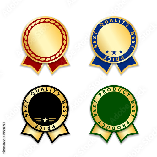Ribbons award best product of year set. Gold ribbon award icons isolated on white background. Best product golden label for prize, badge, medal, guarantee quality product Vector illustration