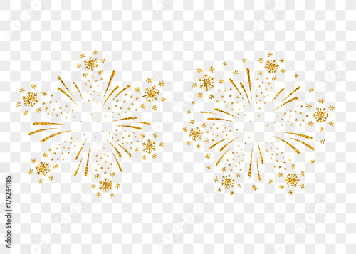 Fireworks gold set isolated. Beautiful golden firework on background. Bright decoration Christmas card, Happy New Year celebration, anniversary, festival. Flat design Vector illustration