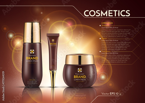 Cosmetics Vector realistic package ads template. Face cream and hair products bottles. Mockup 3D illustration. Sparkling backgrounds