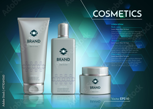 Cosmetics Vector realistic package ads template. Face cream and hair products bottles. Mockup 3D illustration. Abstract blue backgrounds