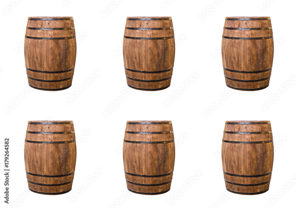 Oak barrel brown with metal hoops on a white isolated background Oak barrel brown with metal hoops on a white isolated background