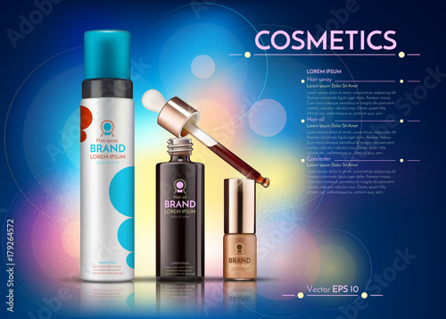 Cosmetics Vector realistic package ads template. hair products bottles. Mockup 3D illustration. Abstract blue backgrounds
