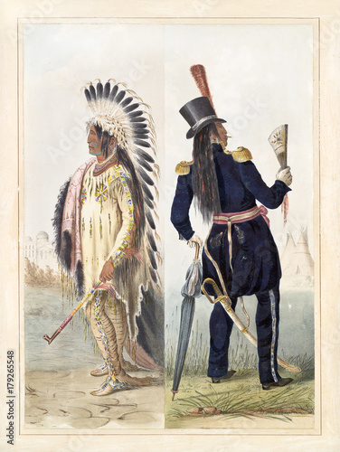 Old illustration of two native indians. One dressed in traditional chief clothes and one in american uniform. Wi-jun-jon,  Assineboin Chief. By G. Catlin, Catlin's North American Indian Portfolio 1845 photo