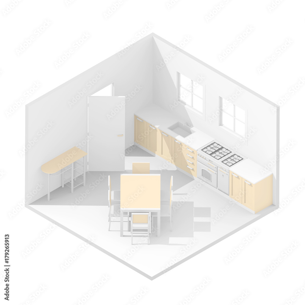 3d isometric rendering of domestic kitchen