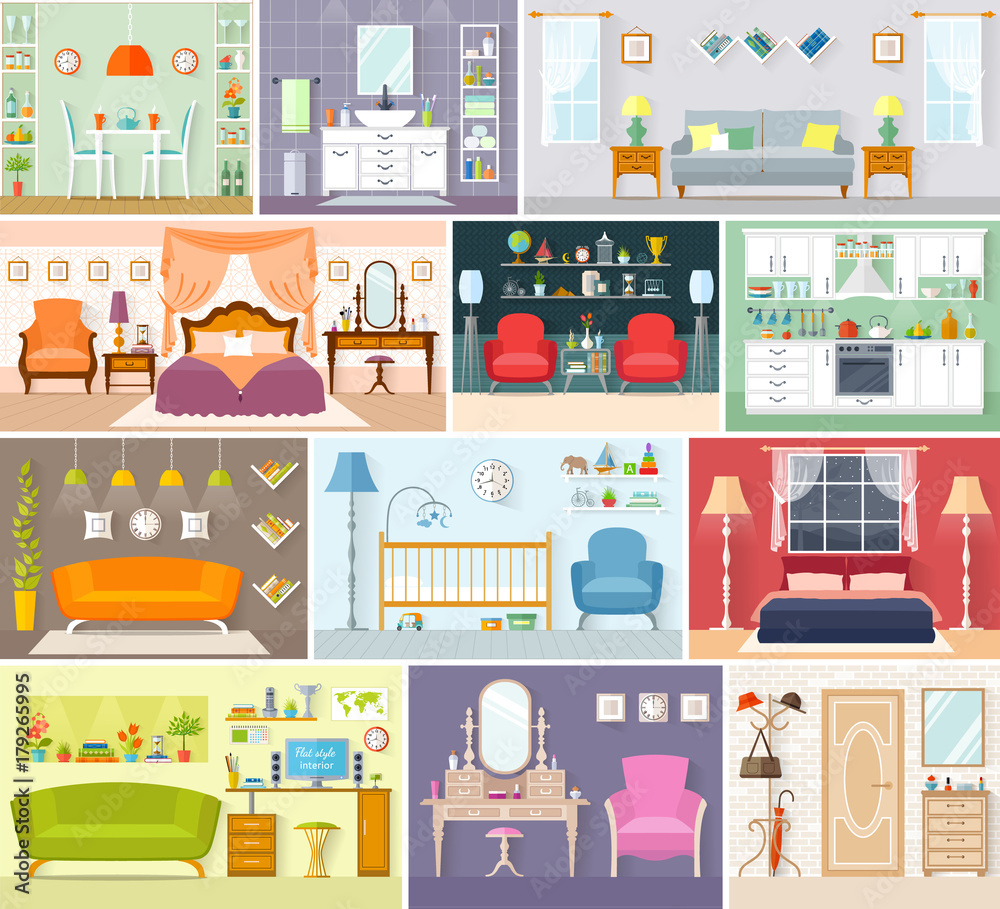 Set of vector interiors in a flat style. Rooms for different purposes with furniture. Design of premises.