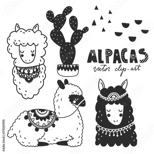 Hand drawn monochrome vector illustration. Llamas or alpacas. Scandinavian style. For nursery room posters, greeting cards, apparel and other. Black and white.