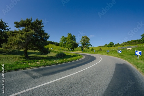 Empty asphalt curvy road passing through green fields and forests. Countryside landscape on a sunny spring day in France. Sunbeams in the sky. Transport, industrial agriculture, road network concept