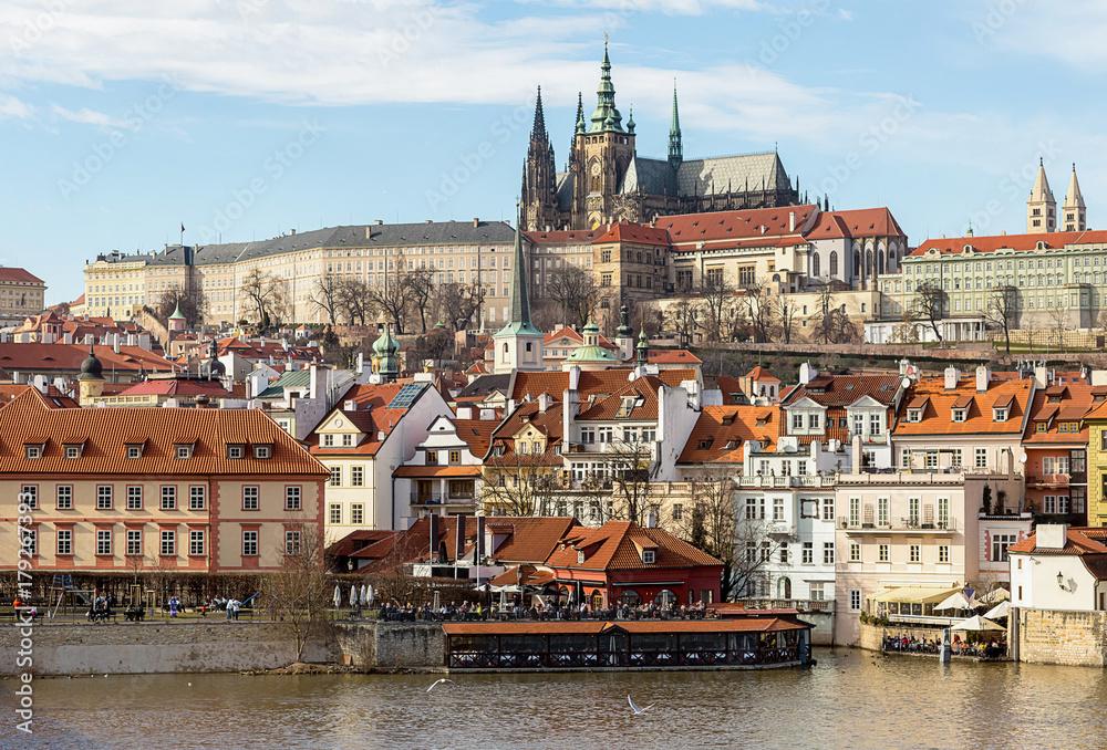 old part of the city of Prague. The small country of the river Vlatva and the cathedral of St. Vitt is a panoramic view. Czech Republic Prague February 2017