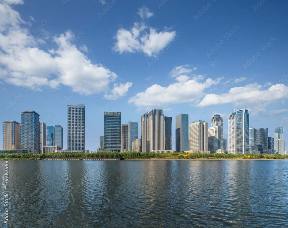 Tianjin city waterfront downtown skyline,China..