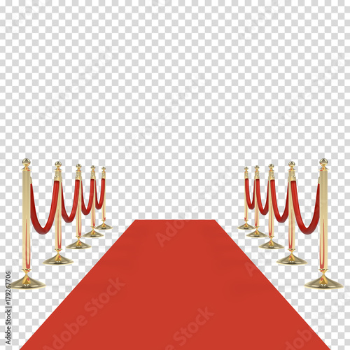 Red carpet with red ropes on golden stanchions