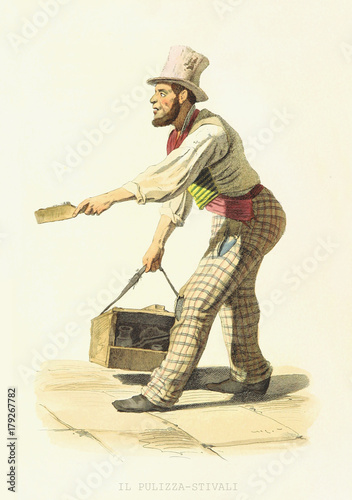 Bootblack offering his service taking a bow. Old illustration by F. Palizzi and Cucinotta, De Bourcard, Usi e Costumi di Napoli E Contorni Dipinti E Descritti, Ed. Nobile, Napoli, 1853-58.