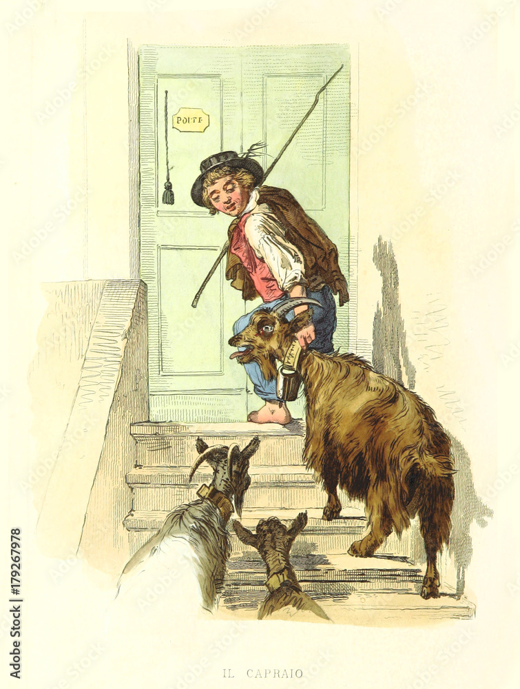 Φωτογραφία Ancient goatherd leading a goat on stairs