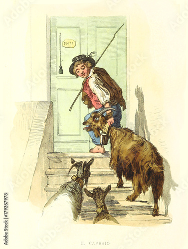Ancient goatherd leading a goat on stairs. By F. Palizzi, De Bourcard, Usi e Costumi di Napoli e contorni dipinti e descritti, Nobile, Napoli, 1853-58